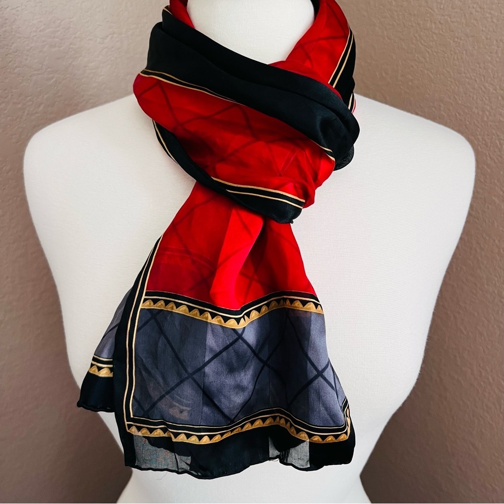 Vintage Crazy Horse 100% Silk Oblong Scarf – Red • Black • Gold – 60” x 11”